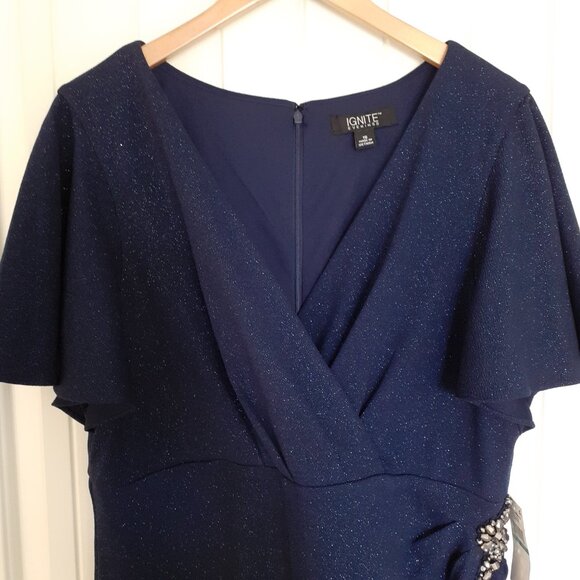 NWT Ignite Evenings Short Sleeve Surplice V-Neck Sheath Dress Navy Blue Size 16 - Picture 4 of 15